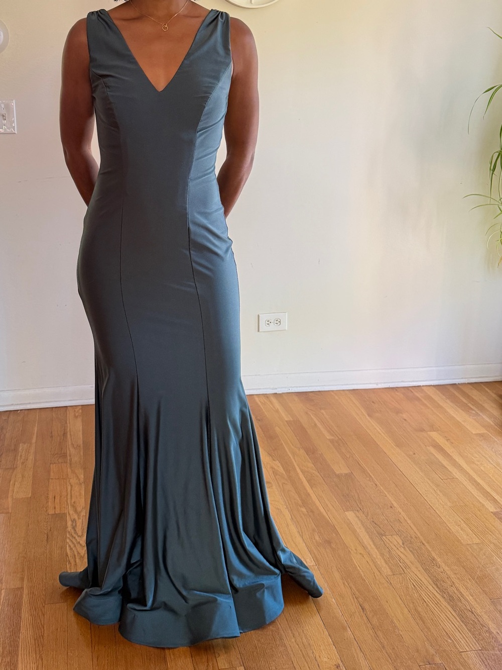 Sleeveless Deep V-Neck Evening Gown in Slate Green